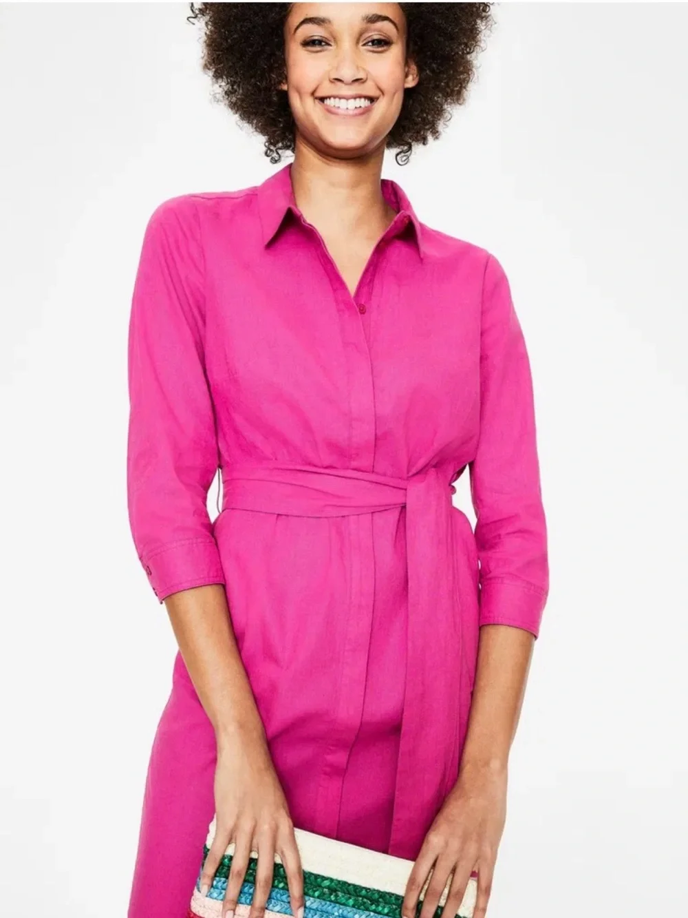 Boden Linen Cotton Midi Shirt Dress 3/4 Sleeve Button Front Pink Size 8R